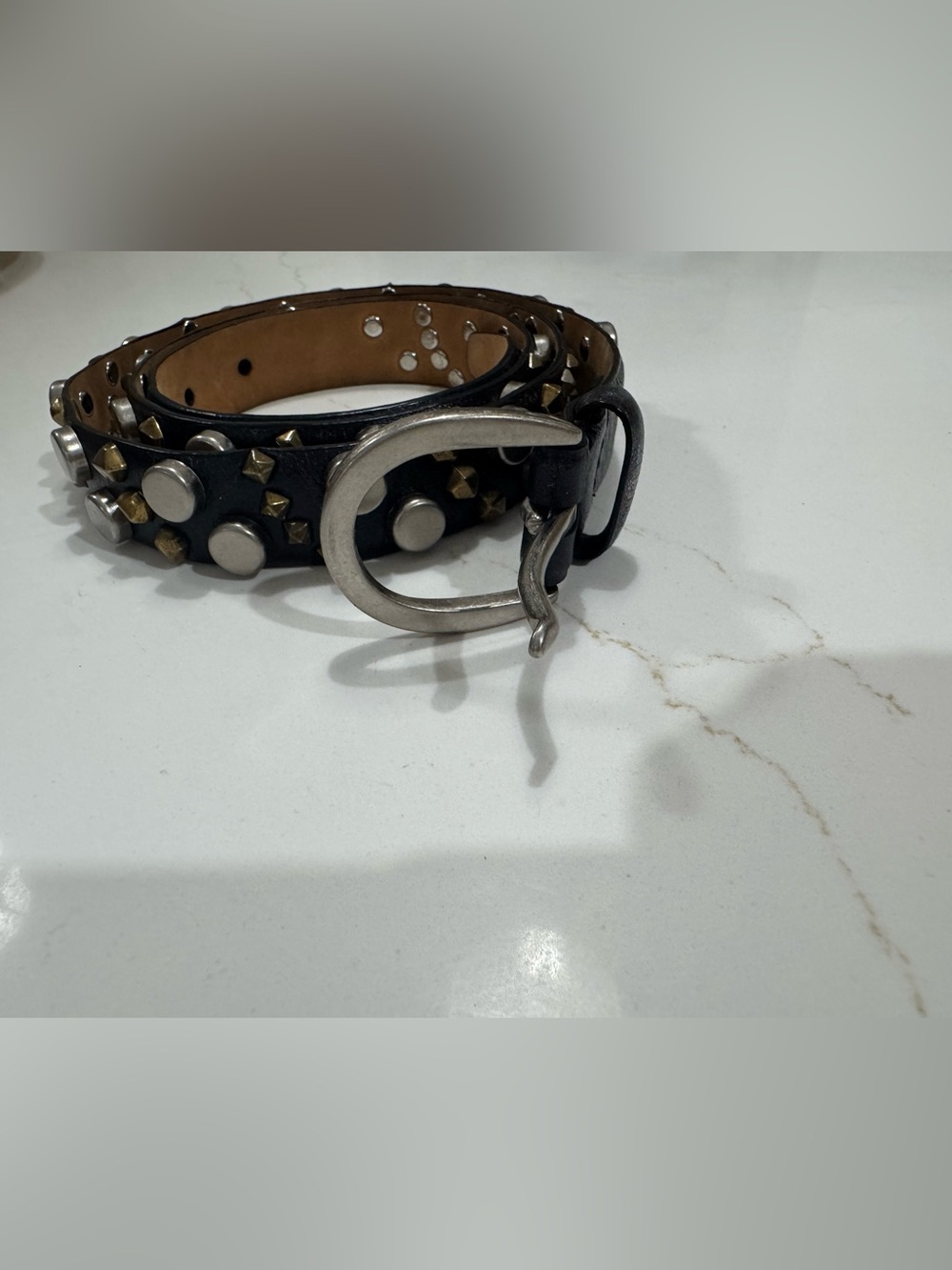 Elie Tahari Black Studded Leather Belt with Mixed Metal Accents